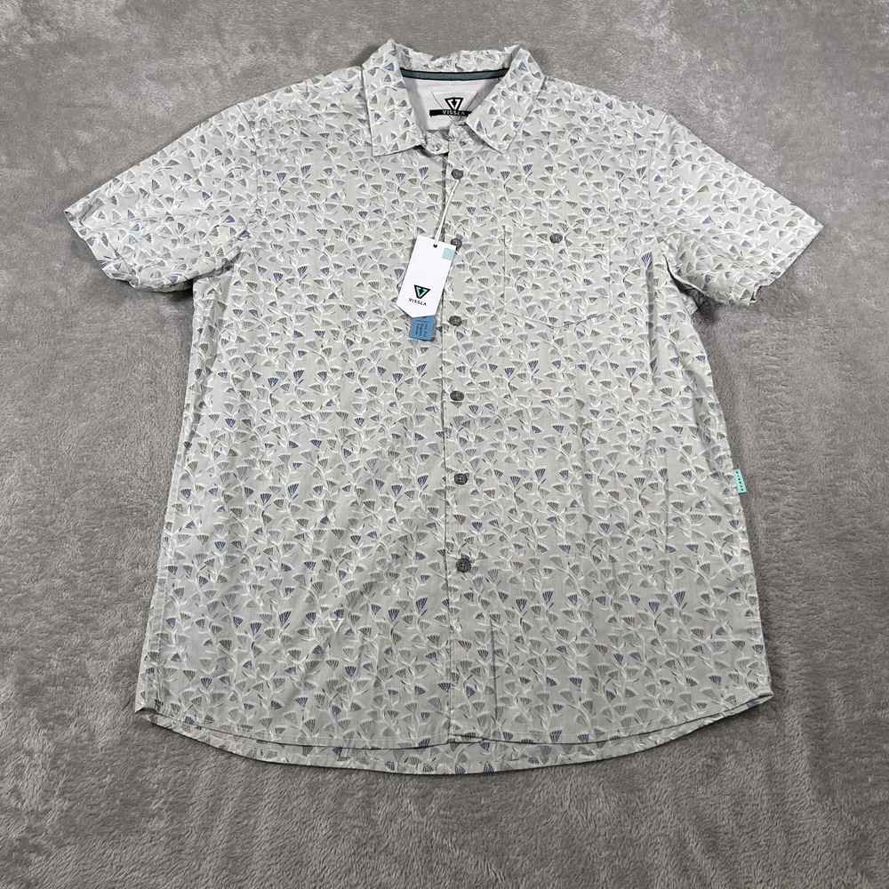 Vissla Shirt Mens Large Gray Floral Short Sleeve‎ Button Down Organic NWT